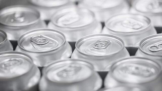 Row of aluminum beer cans in box at craft brewery.