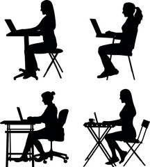 Fototapeta premium Silhouette of a businesswoman sitting at a table and working remotely on a laptop or computer. Isolated on white background