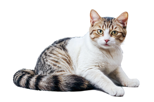 cat cut out on clear background looking with curious front face on transparent background isolate die cut, in theme of pet and human friend