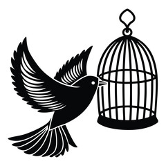 Flying bird and cage. Freedom concept. Emotion of freedom and happiness