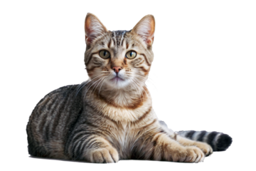 cat cut out on clear background looking with curious front face on transparent background isolate die cut, in theme of pet and human friend