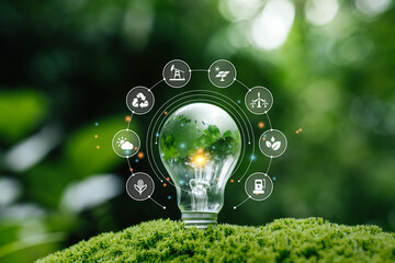 Globe in light bulb on green moss with icon of energy sources for renewable, sustainable...