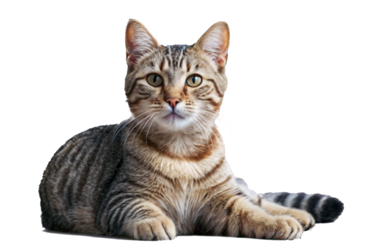 cat cut out on clear background looking with curious front face on transparent background isolate die cut, in theme of pet and human friend