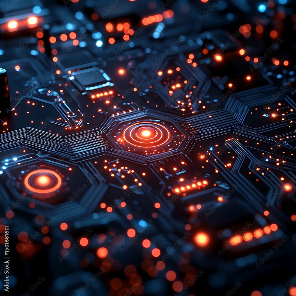 Poster abstract digital circuit board design with glowing lights and complex electronic components.