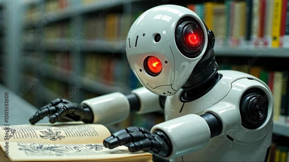Poster robot working in library.