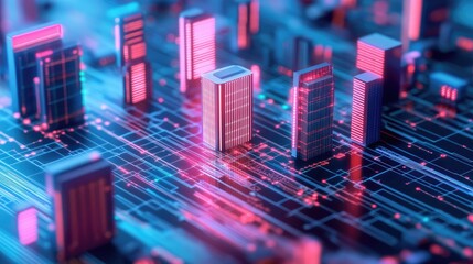 Futuristic cityscape integrated into a circuit board, depicting digital urban infrastructure