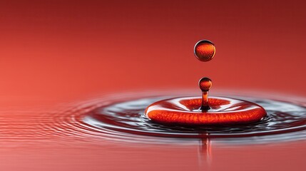 A vibrant crimson droplet impacting a still surface, creating ripples and a captivating visual display