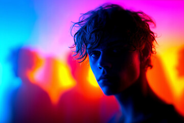  A young person in a vivid gradient background surrounded by blurred silhouettes, symbolizing dissociation, emotional turmoil, or mental fragmentation.