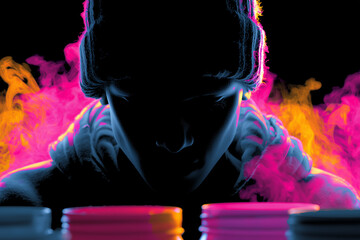 Person in Hoodie Surrounded by Neon Vapor and Bottles