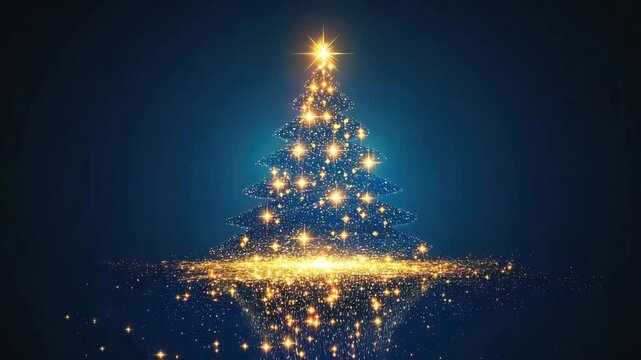 Footage shows abstract Christmas tree with golden star and shiny glitter particles on blue background. Festive seasonal holiday celebration, winter decoration concept.