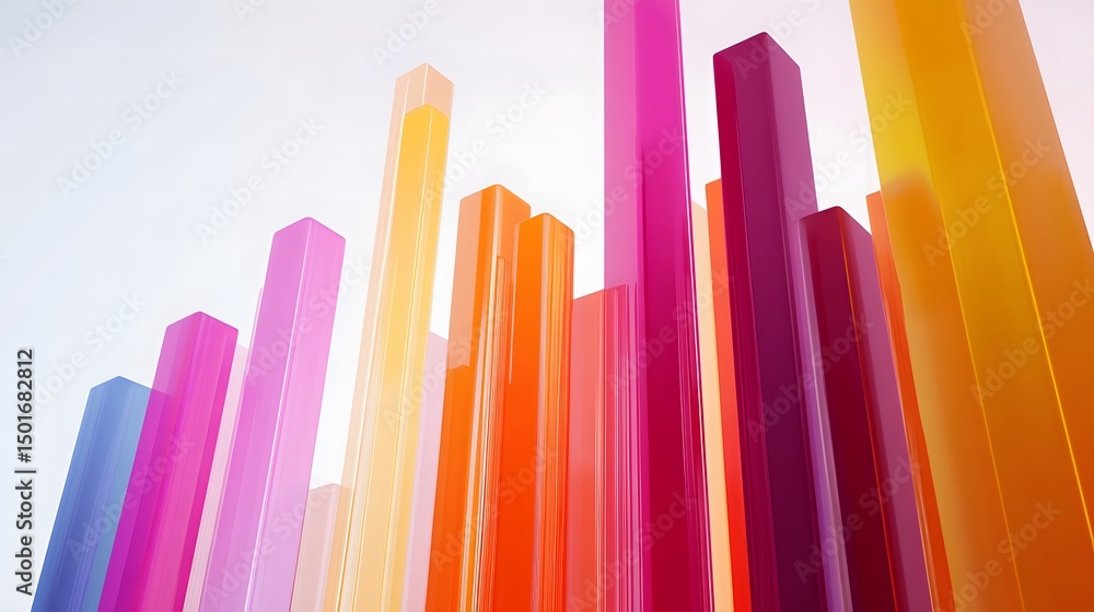 Poster colorful cityscape featuring multiple buildings representing a vibrant three-dimensional bar chart i