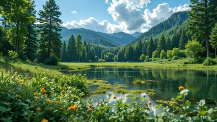 Tranquil Meadow by the Alpine Lake