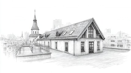 Fototapeta premium Architectural sketch of a rooftop building, city view