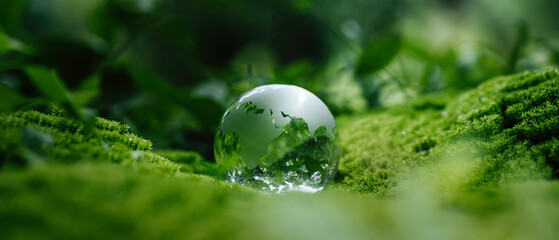 Crystal globe glass on green moss in forest to protect nature Save and care World for sustainable....