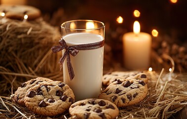 A glass of milk and chocolate chip cookies, surrounded by straw bales with candles in the background.