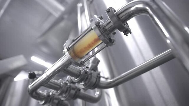 Production brewery, worker use light for control of transparency of beer wort after filtration.