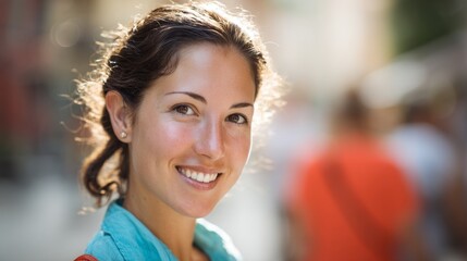 Obraz premium Smiling woman from different country, portrait with warm light and soft background, expressing joy and cultural diversity 