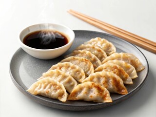 Arranging crispy gyoza dumplings in a fan shape with soy vinegar dip on a white plate for a delicious visual experience