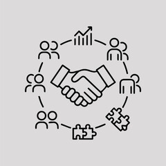 Business Partnership and Teamwork Line Icon Set – Handshake, Growth, Communication, Network, handshake icon