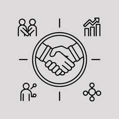Business Partnership and Teamwork Line Icon Set – Handshake, Growth, Communication, Network
