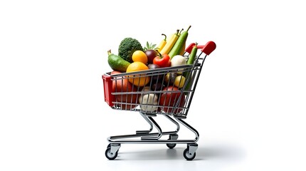 A vibrant assortment of freshly picked fruits and vegetables in a shopping cart.