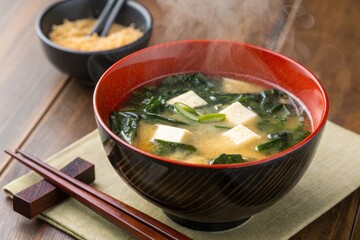 Gently rising steam from miso soup in a lacquerware bowl with tofu and wakame kitchen setting food photography warm and inviting atmosphere culinary delight