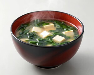 Enjoying miso soup in a traditional lacquerware bowl with tofu and wakame kitchen setting food photography warm atmosphere close-up view culinary delight