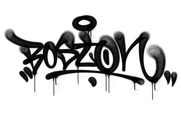 Bold black graffiti tag “Boston” with expressive handstyle lettering, created using aerosol spray paint. Perfect for urban, street art culture, youth, and edgy design projects. © dirtyfellas