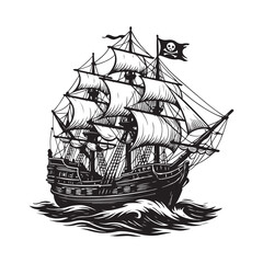Pirate Vessel Silhouette – Bold Ship with Traditional Sails and Intricate Rigging in Black and White

