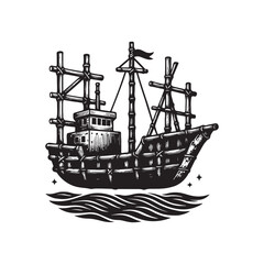 Bamboo and Steel Ship Silhouette – Fusion of Organic and Industrial Materials in Black and White


