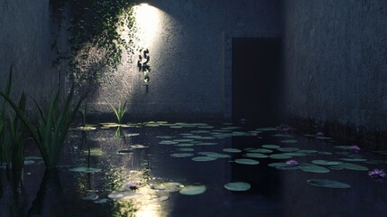 136. Pond with ambient lighting reflecting on water