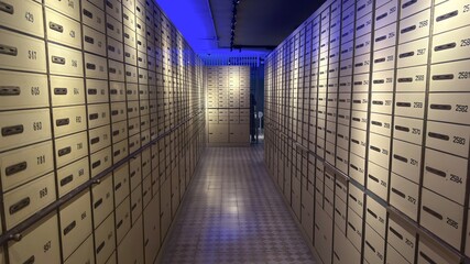 Long corridor lined with metallic safety numbered deposit boxes. Bank security and intrigue....