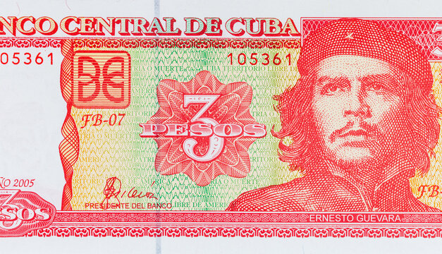 3 Pesos of Cuba with a portrait of Ernesto Che Guevara. Vintage money of Cuba
