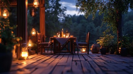 146. Wooden cabin deck with ambient lanterns and table setting