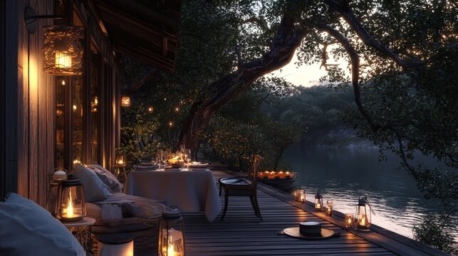146. Wooden cabin deck with ambient lanterns and table setting