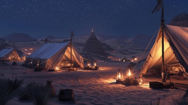 147. Desert campsite with ambient lighting and tents