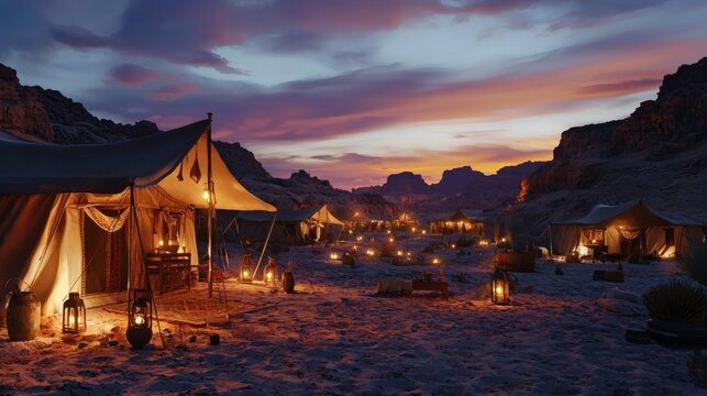 147. Desert campsite with ambient lighting and tents