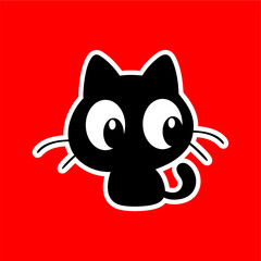 Big-Eyed Cartoon Black Cat on Red Background
