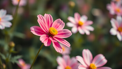 Obraz premium Closeup of beautiful pink and white cosmos flowers blooming in a vibrant summer garden