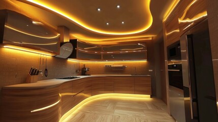 21. Contemporary kitchen with ambient lighting integrated into the ceiling