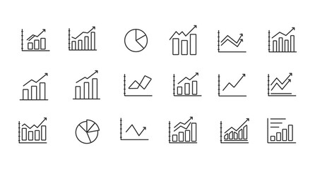 Obraz premium A set of vector icons related to graphs and charts. Set of graph and statistics icons. Collection of simple linear web icons, line charts, candlestick, combined, bar charts, pie charts.