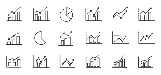 A set of vector icons related to graphs and charts. Set of graph and statistics icons. Collection of simple linear web icons, line charts, candlestick, combined, bar charts, pie charts.