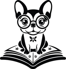 French Bulldog wearing glasses and sitting on an open book silhouette vector art, Bulldog with book line art vector illustration, French Bulldog wearing glasses and sitting on an open book vector icon