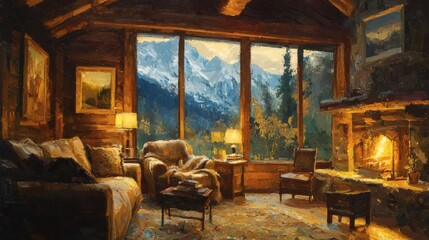 37. Cozy mountain lodge interior with firelight and ambient glow