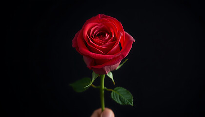 A stunning single red rose, a symbol of love and romance, beautifully isolated against a striking black background