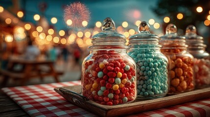 Colorful candy in glass jars at festive night event