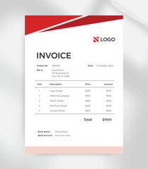 Modern A4 Invoice Template with Red Minimalist Design  Printable & Editable Business Bill Layout