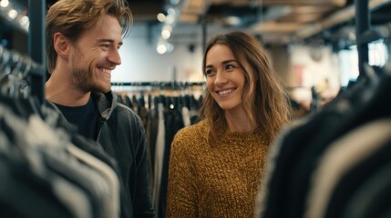 Young duo evaluates biodegradable clothing options using interactive features in a cutting-edge shopping space.