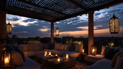49. Rooftop terrace lit with ambient lanterns at twilight