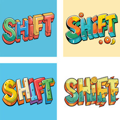 Fototapeta premium Creative Graphic Design Featuring Four Colorful Shift Typography Illustrations